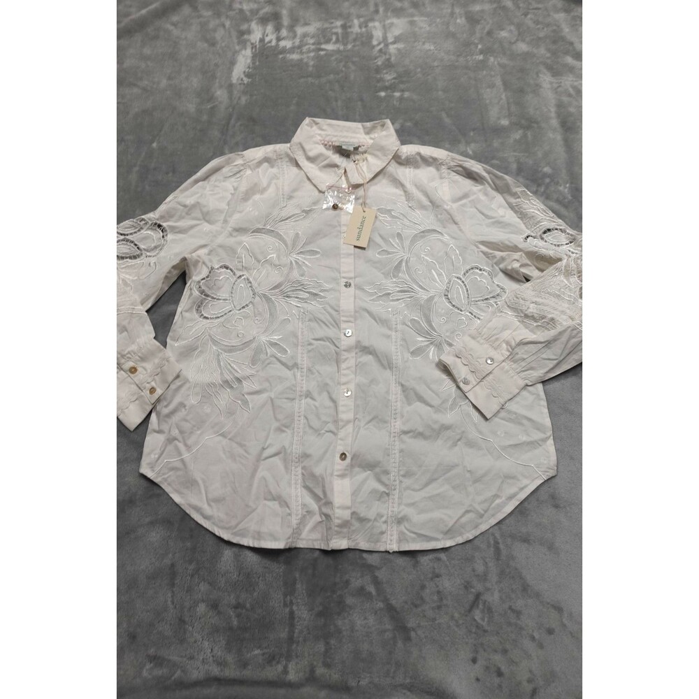 Sundance Women's Medium White Embroidered Floral‎ Button Down Shirt
